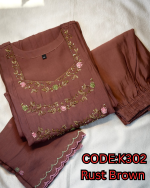 MUL CHANDERI FABRIC PARTY WEAR 3PCS KURTIES (RUST BROWN COD: K302 )