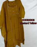MUL CHANDERI FABRIC PARTY WEAR 3PCS KURTIES (MUSTARD YELLOW: COD: K303 )