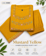 MUL CHANDERI FABRIC PARTY WEAR 3PCS KURTIES (MUSTARD YELLOW: COD: K303 )