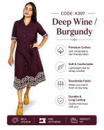 PREMIUM FLAX COTTON ELEGANT A-LINE DRESS ( DEEP WINE / BURGUNDY  : K 307 )